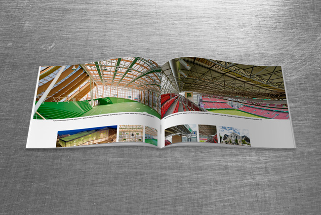 Brochure om rumgitter-konstruktioner med tekst og fotos layoutet og opsat til Levi Jensen ingeniørfirma af Andersson og Jantzen Reklamebureau i Køge